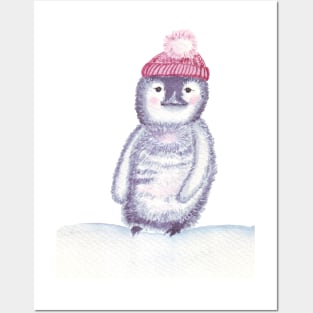 Cute little penguin in a red pompom hat Posters and Art